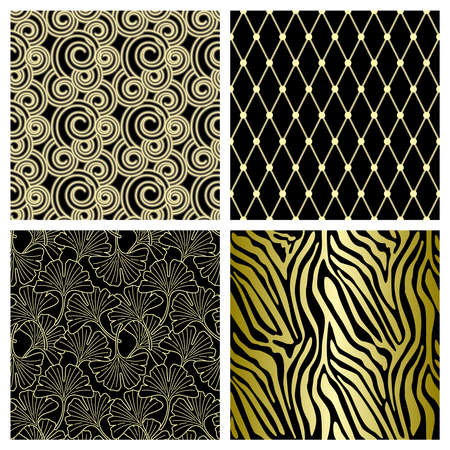 Luxury vector seamless patterns set. Golden ornaments on black background.のイラスト素材