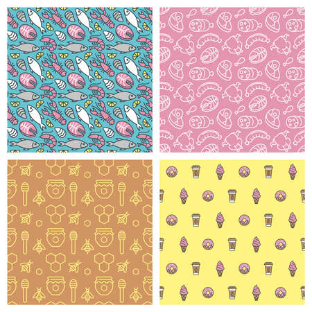 Food and drink seamless pattern set. Seafood, meat, honey, coffee and sweets vector illustration.のイラスト素材