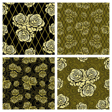 Golden roses vector seamless pattern set.のイラスト素材