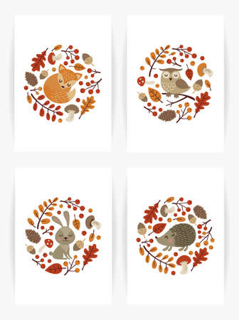 Autumn cards set. Cute forest animals kids. Leaf fall vector illustration.のイラスト素材
