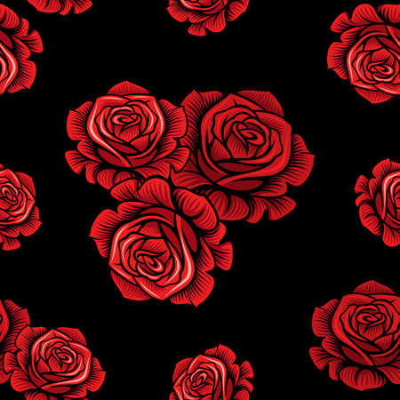 Red roses on black background. Floral seamless vector pattern.のイラスト素材