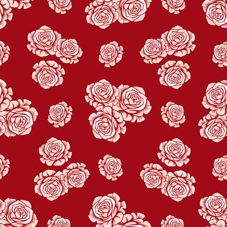 White roses on red background seamless vector pattern.のイラスト素材