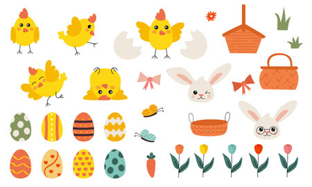 Easter set of eggs, chicken, bunny, basket, basket, flowers, butterfly, rabbit. Vector illustration in flat style.のイラスト素材