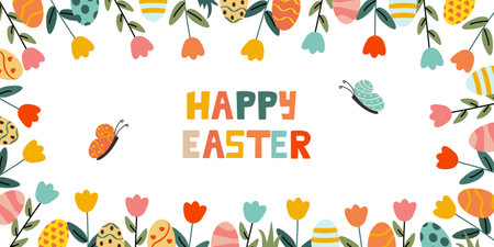 Happy Easter greeting card with eggs, flowers and butterflies. Vector illustration.のイラスト素材