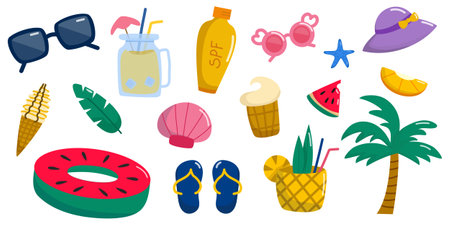 Hello Summer Set with Beach and Vacation Icons. Vector illustration of isolated summer vacation elements including drinks, fruits, clothes, and beach accessories on a white backgroのイラスト素材