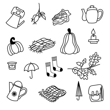 Autumn doodle set with cozy fall elements. Hand drawn doodle collection of autumn icons including pumpkin, tea pot, pie, socks, umbrella, candle, and cozy seasonal objects.のイラスト素材