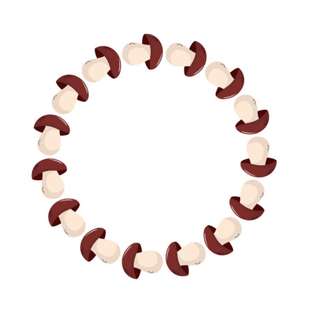 Round frame made of cartoon mushrooms forming a circle on white background, perfect for food design, nature templates, and organic themes.のイラスト素材