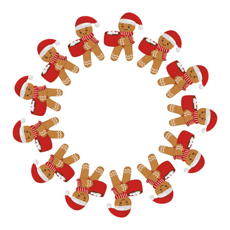 Circular frame of gingerbread men in Santa hats holding mugs of hot chocolate, ideal for Christmas...