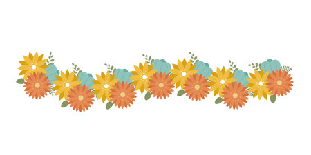 Beautiful floral garland of yellow and orange flowers with green leaves. Perfect for autumn decorations, banners, invitations, and seasonal artwork.のイラスト素材