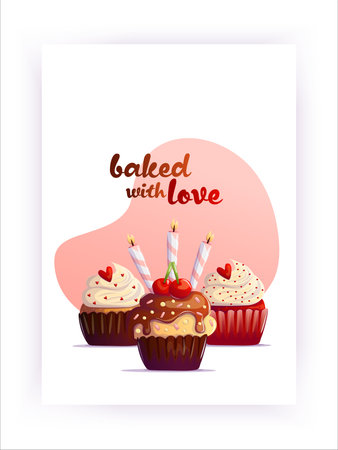 Cute vector illustration of chocolate and vanilla cupcakes with candles and cherries, perfect for bakery design, celebration, or sweet food branding.のイラスト素材