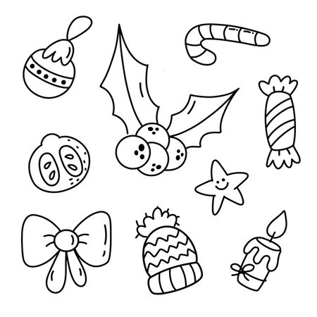 Hand-drawn Christmas doodles featuring gifts, gingerbread, candle, ornaments and festive garland, perfect for coloring pages, cards, stickers and holiday designs.のイラスト素材