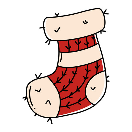 Hand-drawn red Christmas stocking perfect for holiday decor, festive themes, winter graphics, Santa elements, and seasonal vector artwork.のイラスト素材