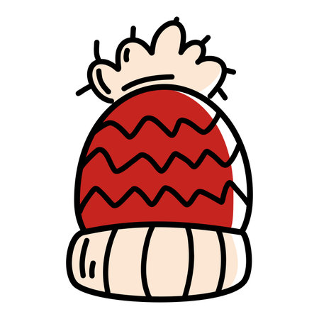 Hand-drawn red knitted winter hat with pompom perfect for cozy seasonal themes, holiday graphics, warm clothing designs, and festive vector artwork.のイラスト素材