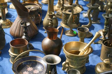 Brass containers and plates. Vintage stuff at famous Flea Market in Bytom, Poland.の写真素材