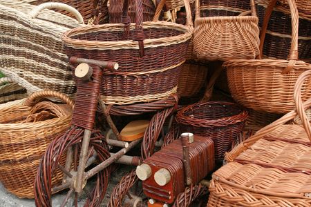 Wicker baskets and toys choice. Beautiful handicraft at a market in Poland.