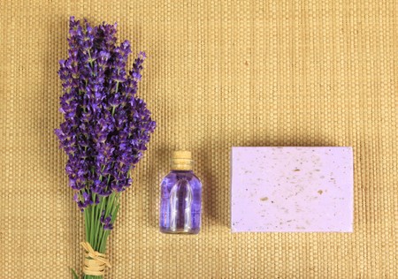 Spa composition - lavender flowers, coloured bathing salt and soapの写真素材
