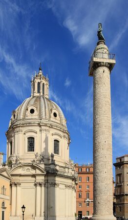  Roman triumphal column in Rome, Italy and Church of the Most Holy Name of Mary at the Trajan Forum の写真素材