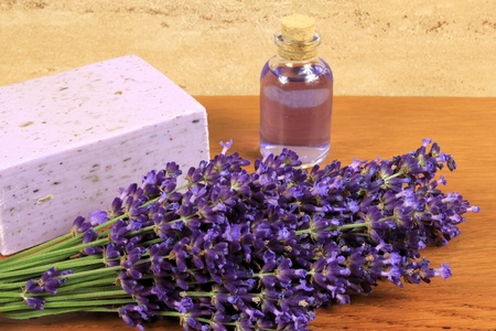 Lavender composition - spa and wellness resort. Liquid and solid soap.の写真素材