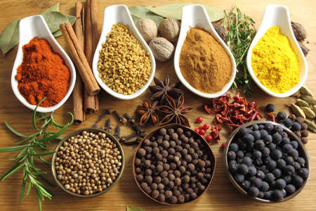 Various spices selection. Food ingredients and aromatic additives. Natural dried cuisine elements.