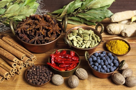 Spices and herbs in metal  bowls. Food and cuisine ingredients. Colorful natural additives.