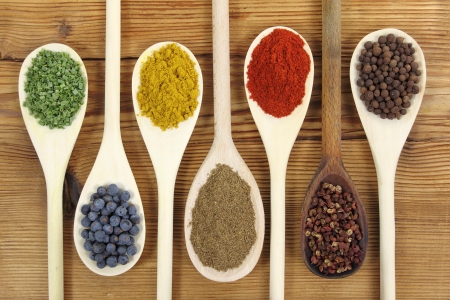 Colorful spices in wooden spoons - beautiful kitchen image.の写真素材