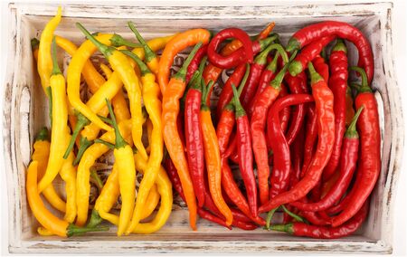 Colorful peppers on a wooden trayの写真素材