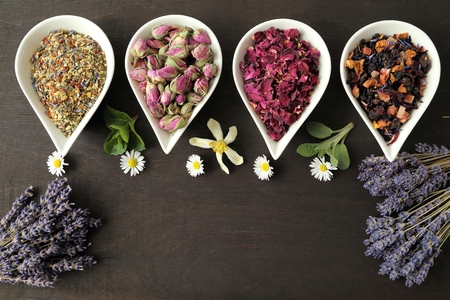 Rose flower petals and buds for aromatherapy. Dried lavender.の写真素材
