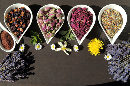 Rose flower petals and buds for aromatherapy. Dried lavender.の写真素材