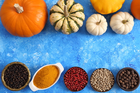 Pumpkins and spices on a blue background.  Top view.の写真素材