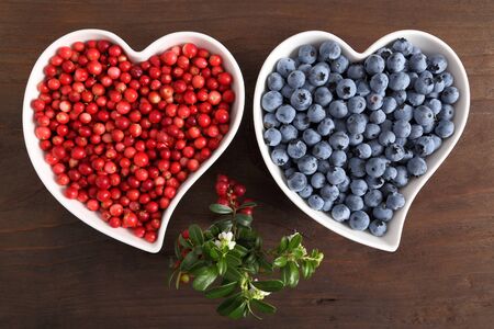 Blueberries and red cowberries in heart-shaped bowls. Top view.の写真素材