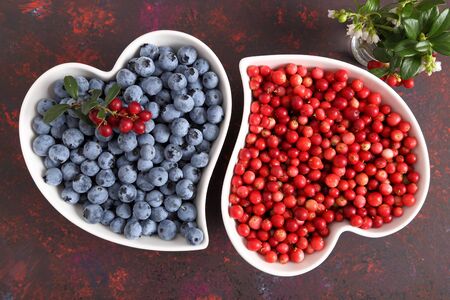 Blueberries and red cowberries in heart-shaped bowls. Top view.の写真素材