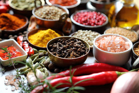 Colorful and aromatic spices and herbs. Food additives.
