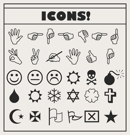 set of vector Universal Outline Icons For Web and Mobile. Smiles, hands, religion, skull, bomb.のイラスト素材