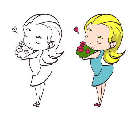 vector cute chibi girl with flowers and heart. For valentines card and other design. Lineart and colorful version,のイラスト素材
