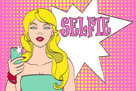 Vector pop art girl doing selfie. Beautiful vector drawing,のイラスト素材