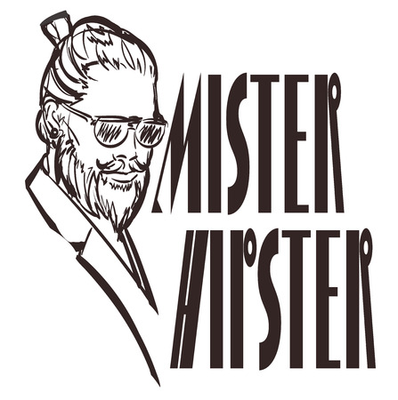 Hand Drawn Hipster silhouette on a modern polygonal background. Curly hair man in glasses poster. Waxing hair design. Beard isolatedのイラスト素材