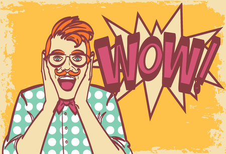 Isolated male with surprise expression on his face. Hipster wow face drawing.のイラスト素材