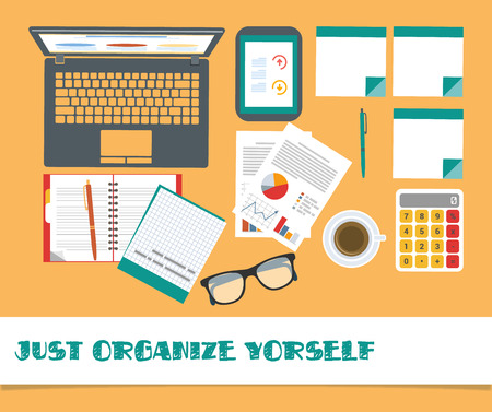 Top view on classic office workplace desk, stuff, isolated vector illustration. Eps 10.のイラスト素材