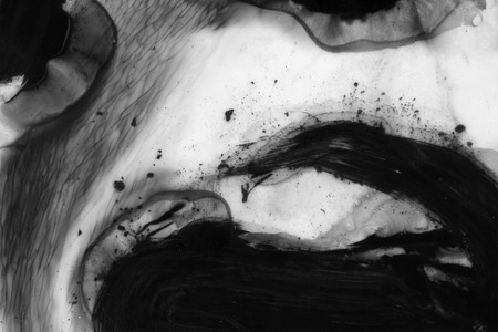 Abstract ink background. Marble style. Black paint stroke texture on white paper. Wallpaper for web and game design. Grunge mud art. Macro image of pen juice. Dark Smear.の写真素材