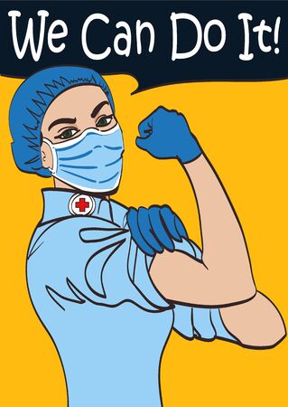 We Can Do It. Vector iconic woman doctor in a medical mask fist symbol of female power and industry.