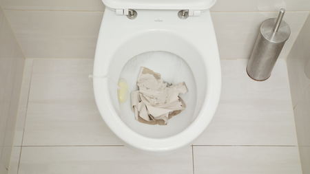 Fushing Toilet. Water drained into the toilet bowl. View from the top
