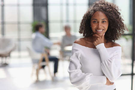 Portrait of an African American young business woman working in the officeの写真素材