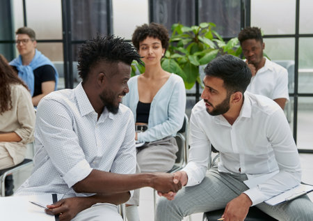 Positive multiracial diverse business people in formal and casual wear are discussing forumの写真素材