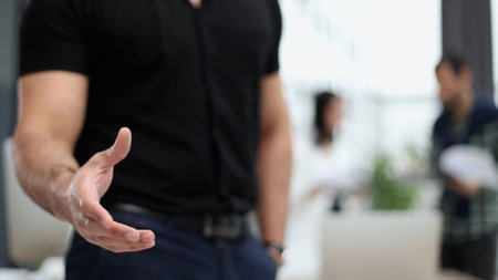 manager welcomes at the interview, offers a deal, greets the client at the meetingの写真素材