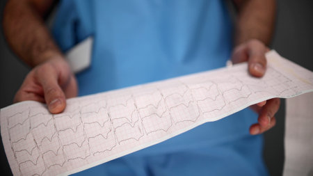 a doctor in a blue uniform looks at a cardiogram close-upの写真素材