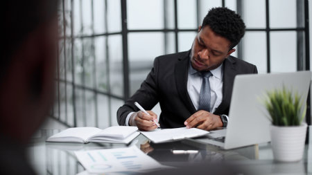 client discuss the terms of deposits and loans with an excellent online serviceの写真素材