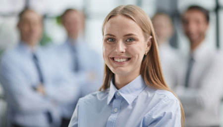 Confident woman posing in front of his colleague during a meetingの写真素材