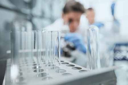 Scientist looks through a microscope in a laboratory. research concept
