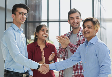 Hand shake in hallway for welcome collaboration or business meeting with respect.の写真素材
