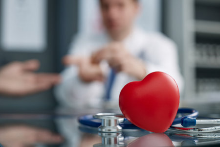 Stethoscope and red heart on wooden table. Cardiology conceptの写真素材